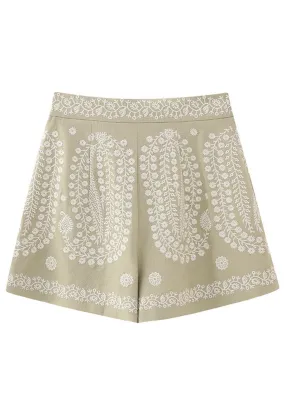 Vintage bestickte Shorts mit hoher Taille in Haferflocken